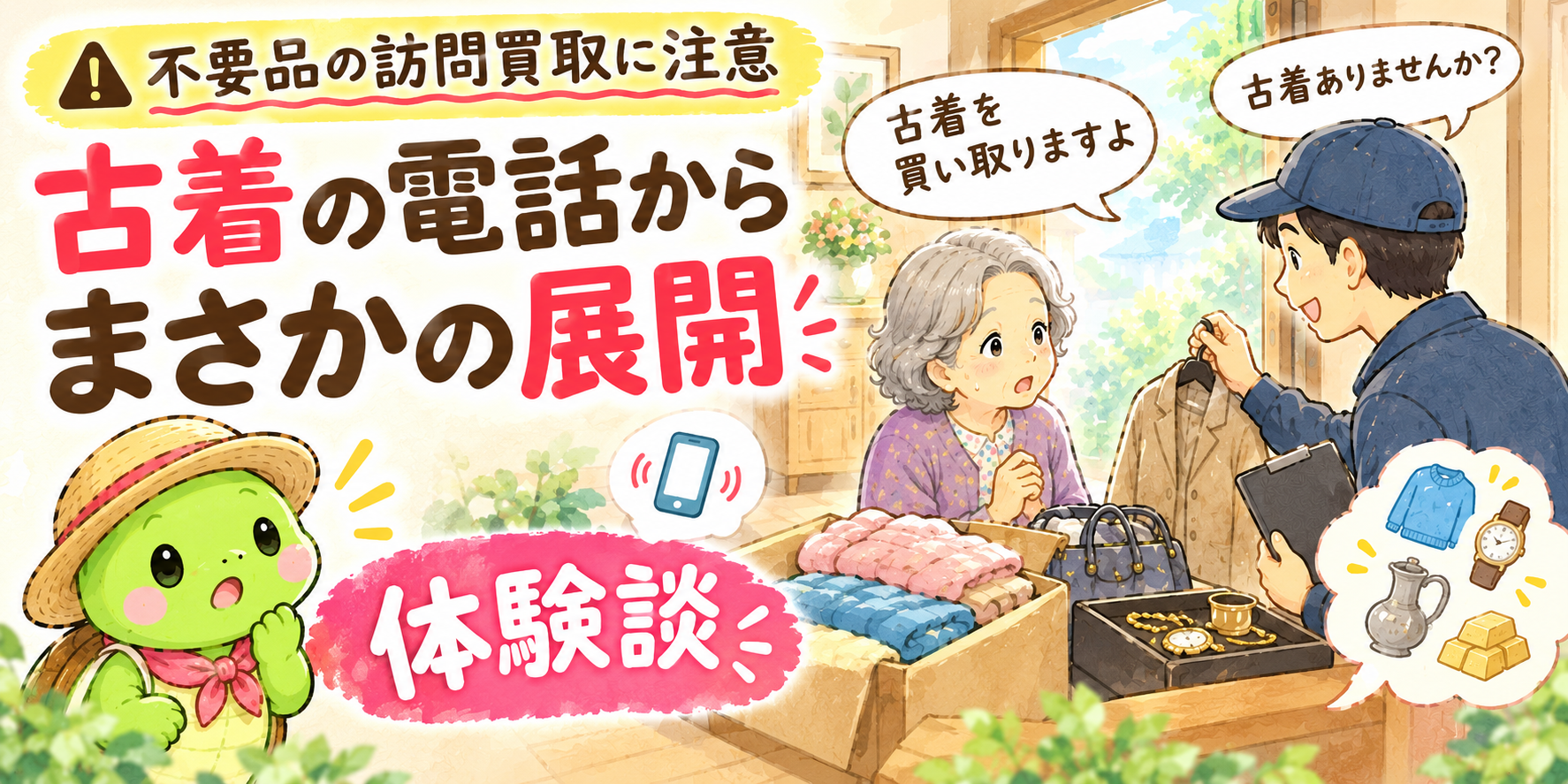 不用品回収 電話 訪問買取 トラブル 不用品回収 注意 訪問買取 体験談 上手い話には気をつけよう