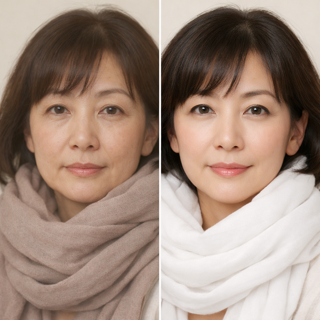 ブルべ冬 老け見え色 比較 くすみベージュ ピュアホワイト