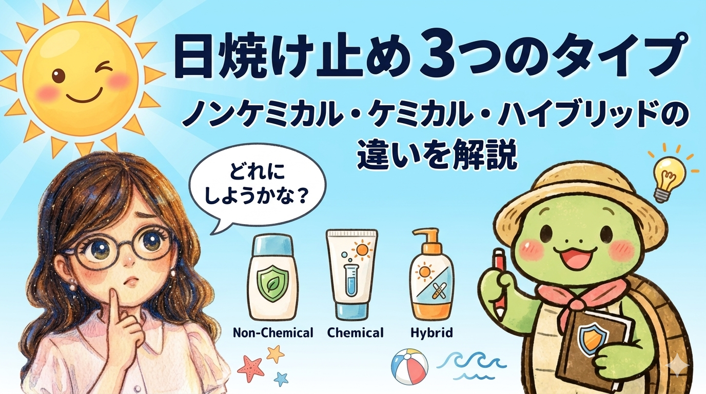 日焼け止め3つのタイプ（ノンケミカル・ケミカル・ハイブリッド）を解説するイラスト