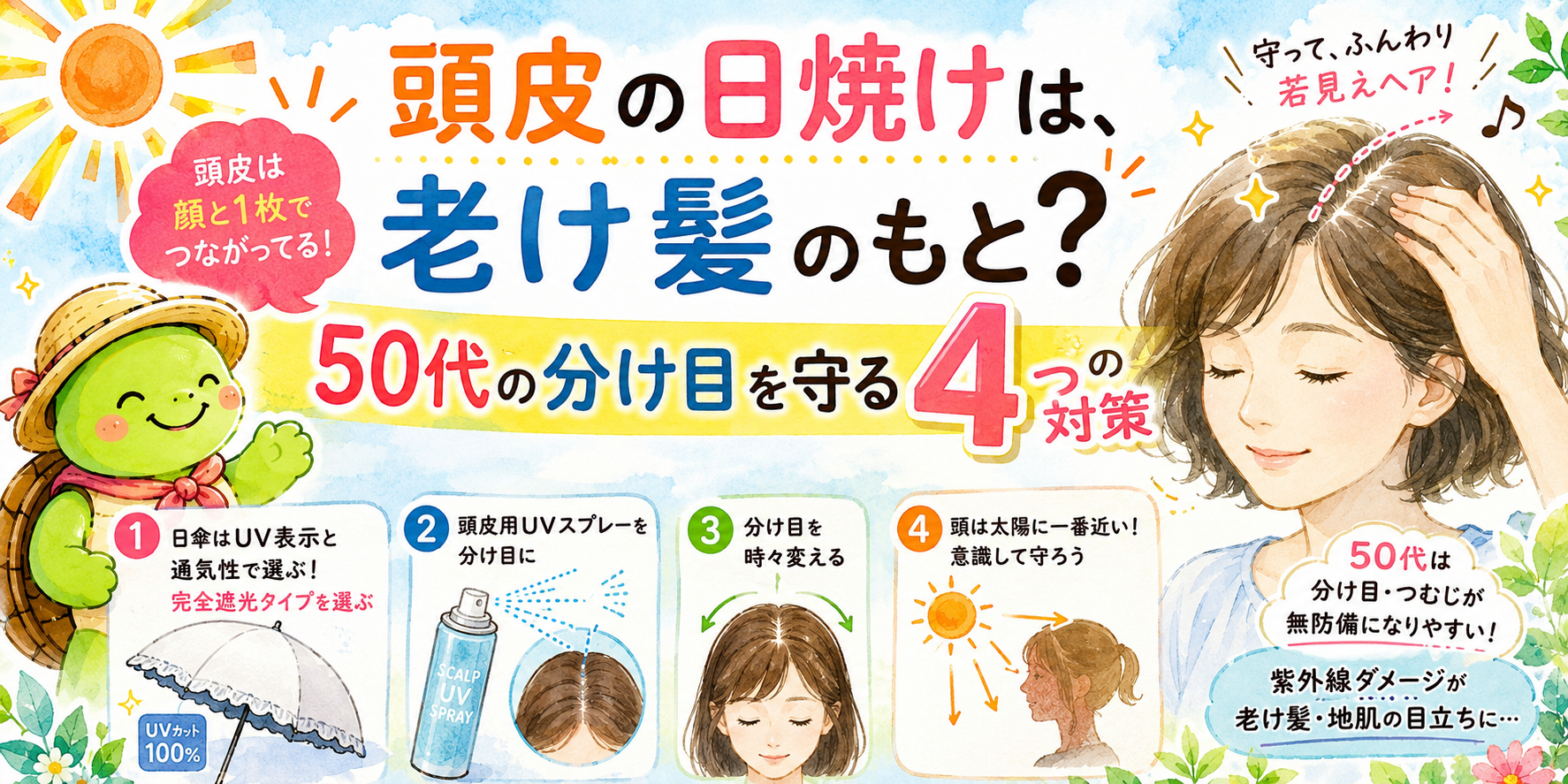 頭皮 日焼け 対策 分け目 UVスプレー 帽子 50代